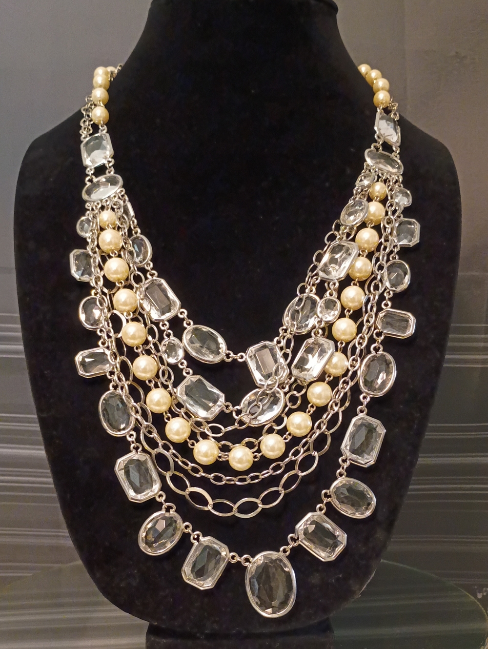 White House Black Market Gold-Tone Pearl and Clear Crystal Multi-Strand Necklace